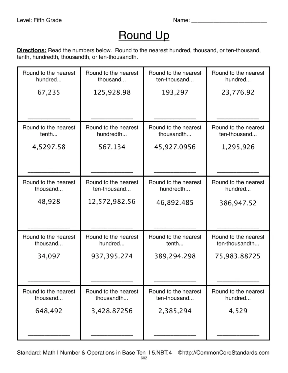 Round Up practice sheet: 20 problems rounding whole numbers and decimals, including 67,235 to the nearest hundred
