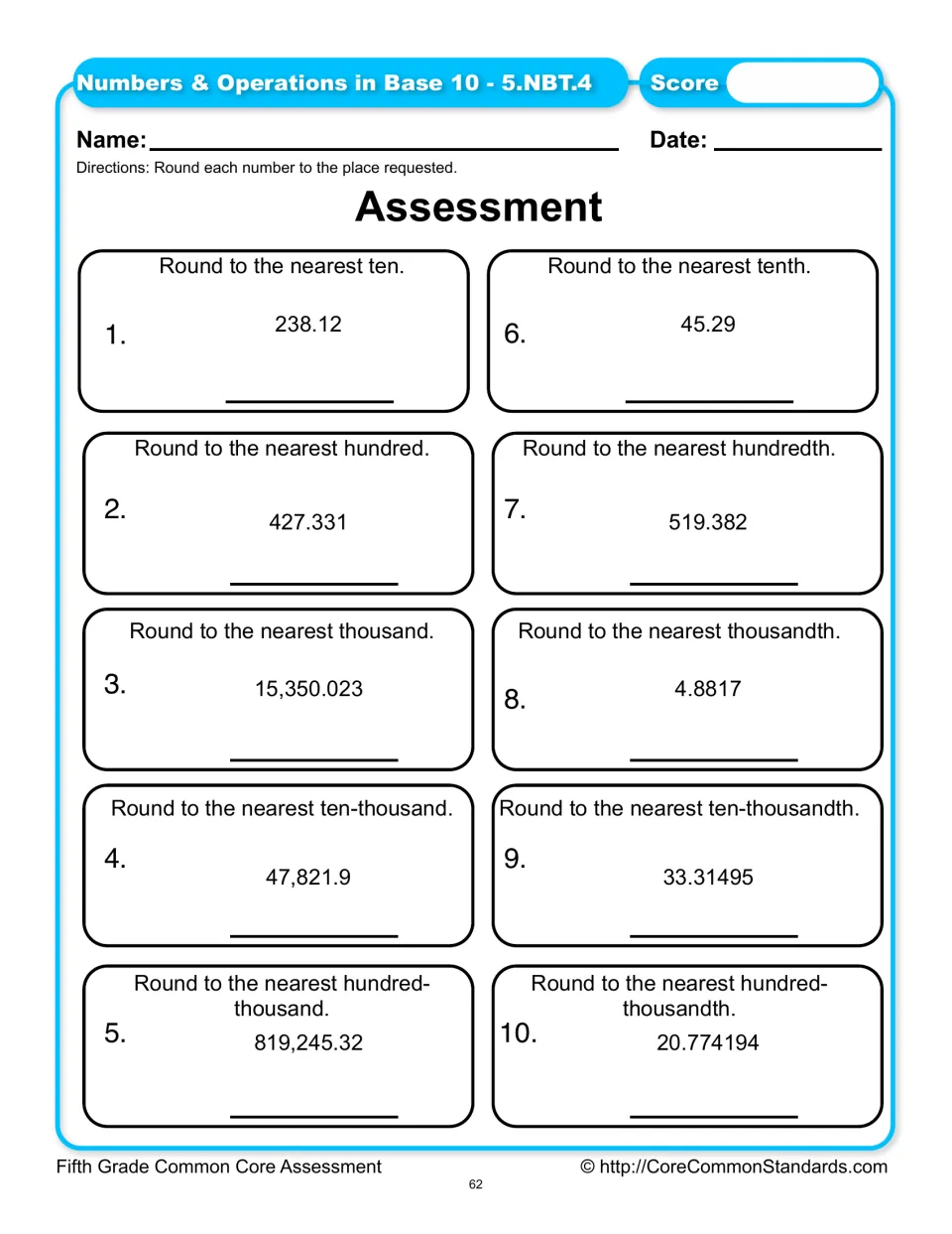 Rounding assessment: 10 problems covering tens through hundred-thousands and tenths through hundred-thousandths