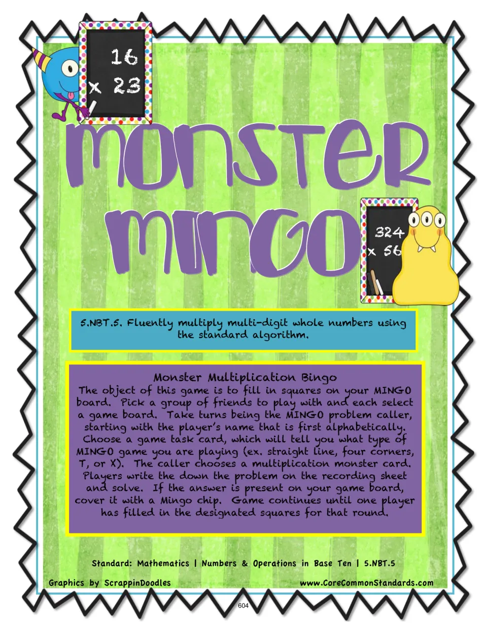 Monster Mingo directions: choose a round, call multiplication problems, record solutions, and cover answers