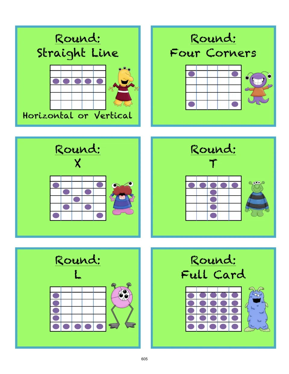 Six multiplication bingo round cards show winning patterns: straight line, four corners, X, T, L, and full card