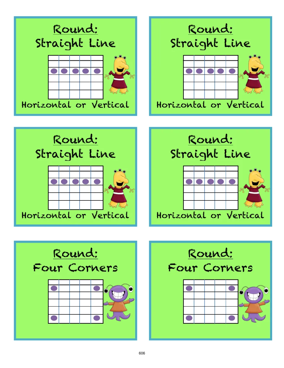 Multiplication bingo round cards repeat two winning patterns: four straight-line cards and two four-corners cards