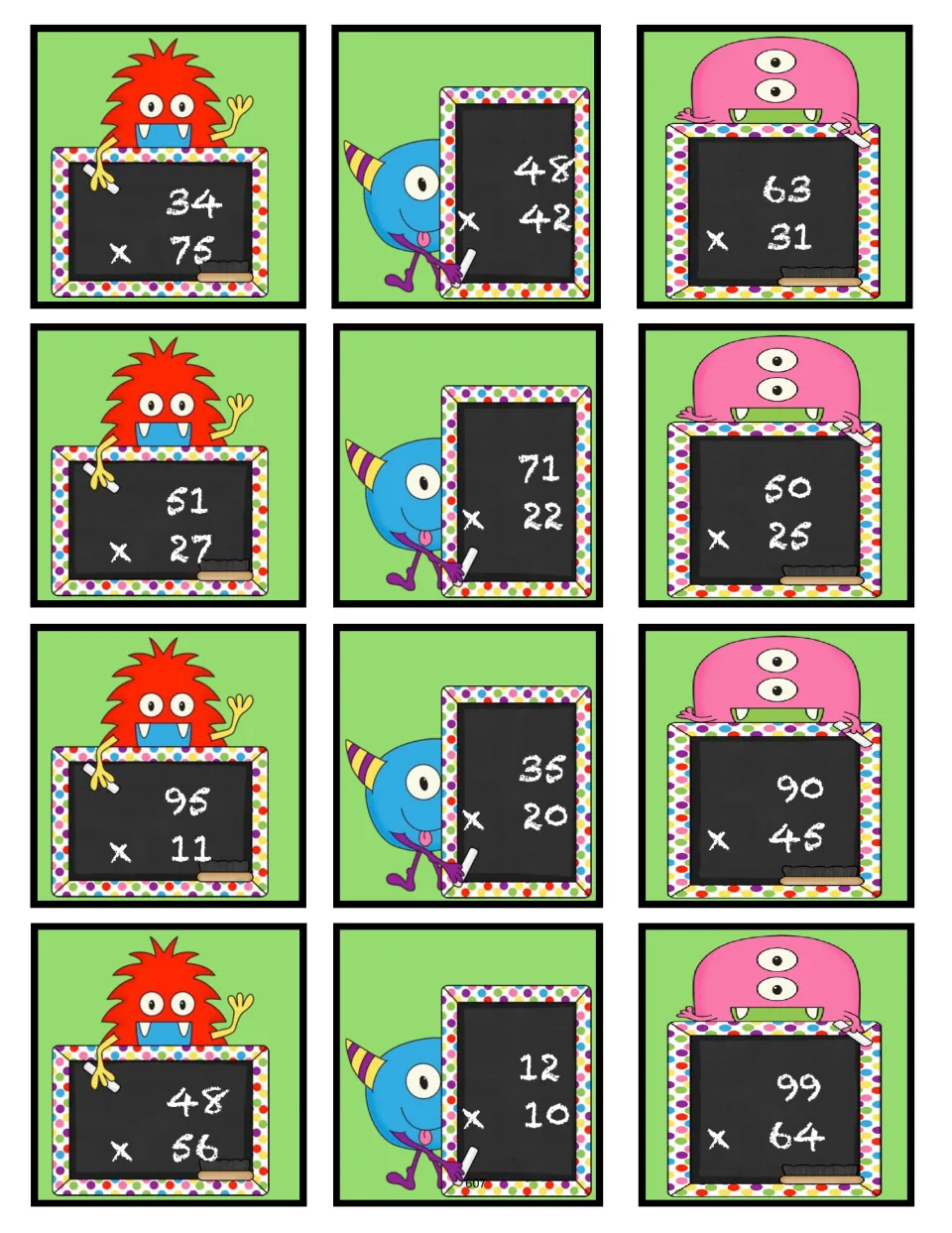 First sheet of 12 multiplication bingo problem cards: 34 × 76, 48 × 42, 63 × 31, and nine more two-digit products