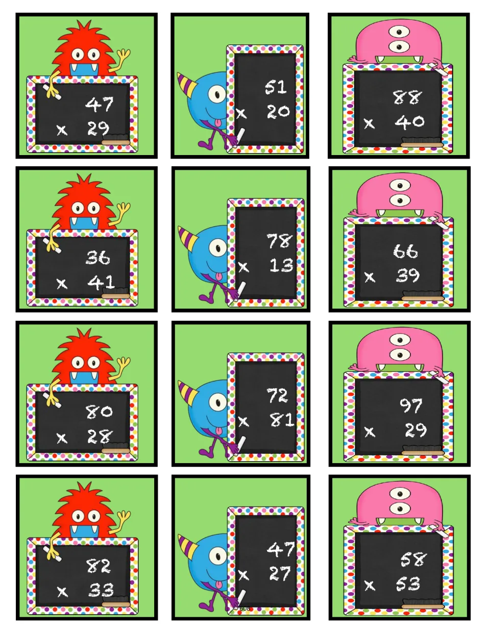 Second sheet of 12 multiplication bingo problem cards: 47 × 29, 51 × 20, 88 × 40, and nine more two-digit products