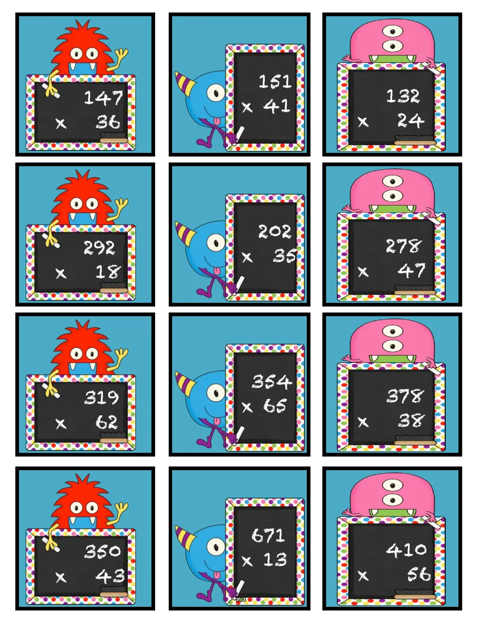 Third sheet of 12 multiplication bingo problem cards uses three-digit by two-digit factors, including 147 × 36