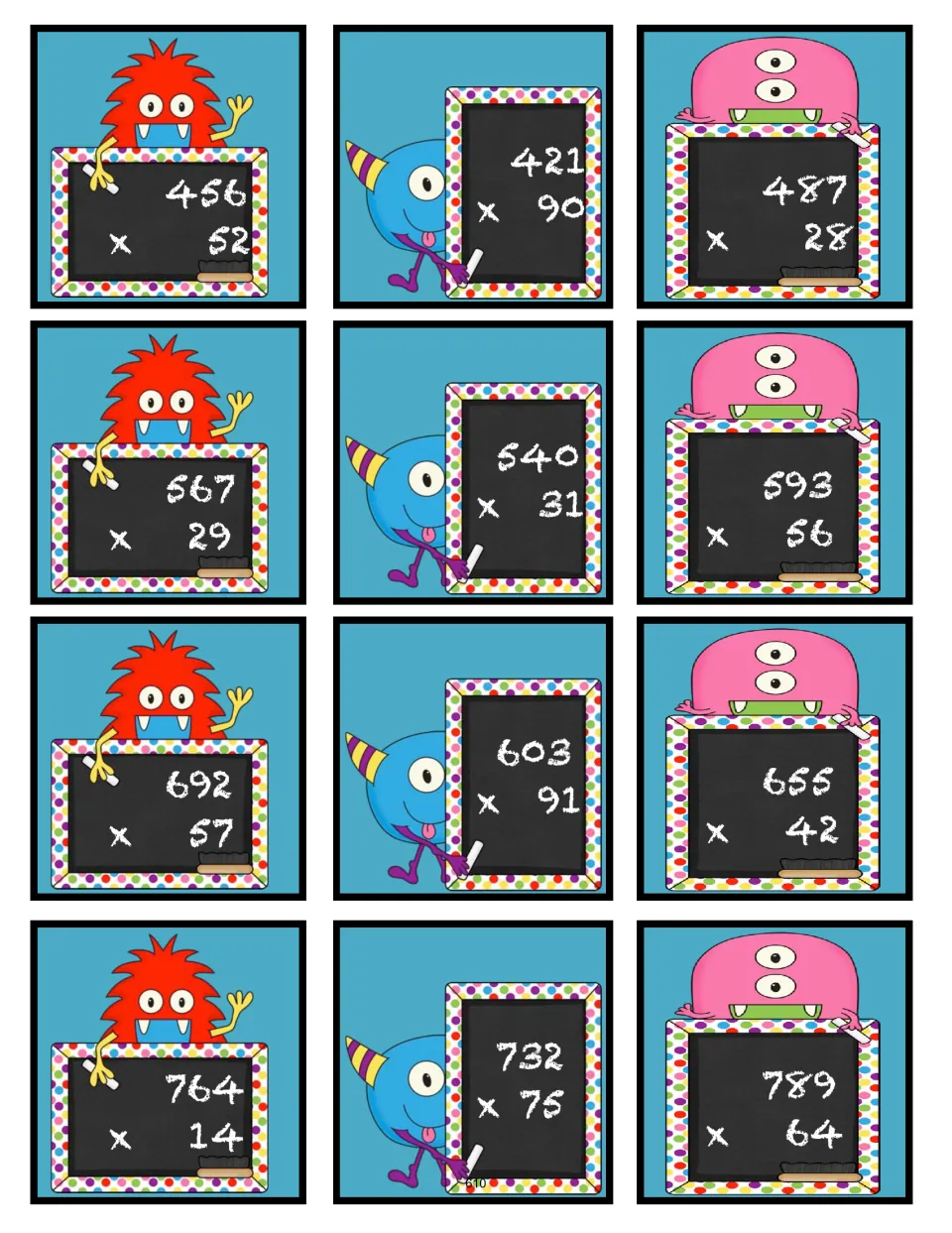 Fourth sheet of 12 multiplication bingo problem cards uses three-digit by two-digit factors, including 456 × 52