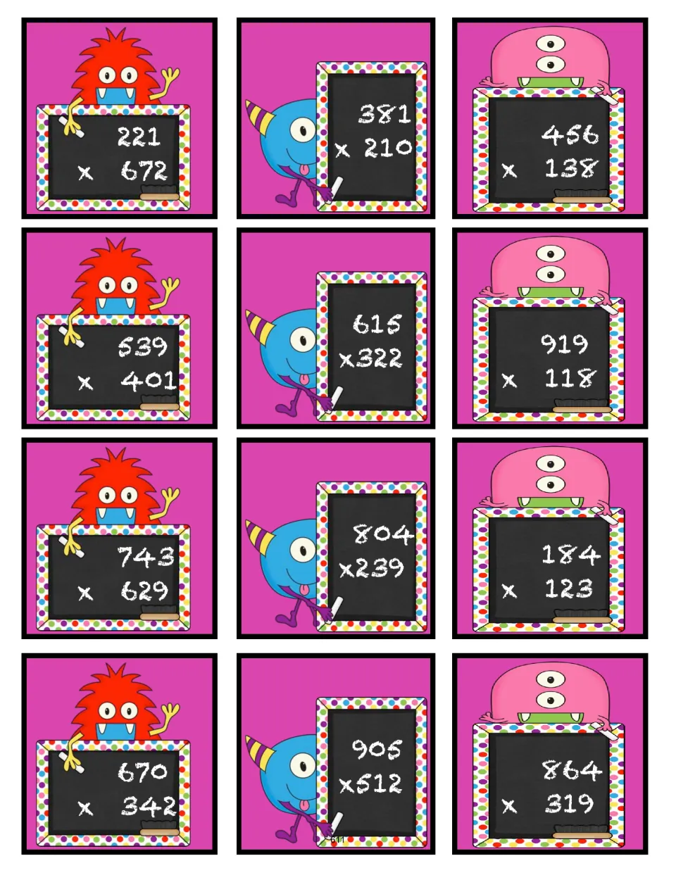 Fifth sheet of 12 multiplication bingo problem cards uses three-digit by three-digit factors, including 221 × 672