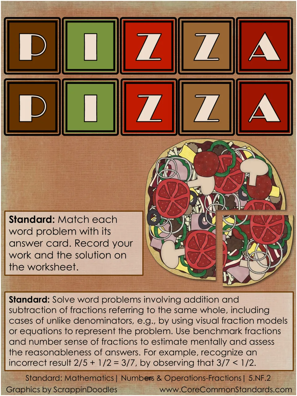 Pizza Pizza activity directions: match each word problem to its answer card and record work and solutions