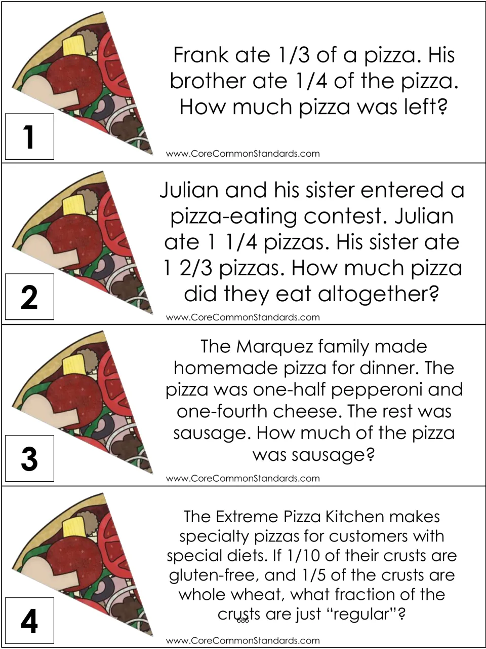 Fraction word-problem cards 1–4 of 12 cover pizza leftovers, a pizza-eating contest, toppings, and crusts