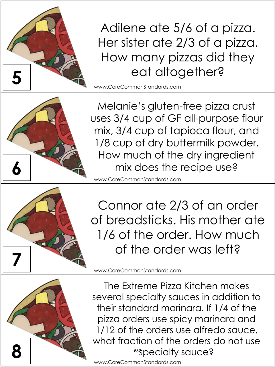 Fraction word-problem cards 5–8 of 12 cover pizza eaten, recipe ingredients, breadsticks, and specialty sauces