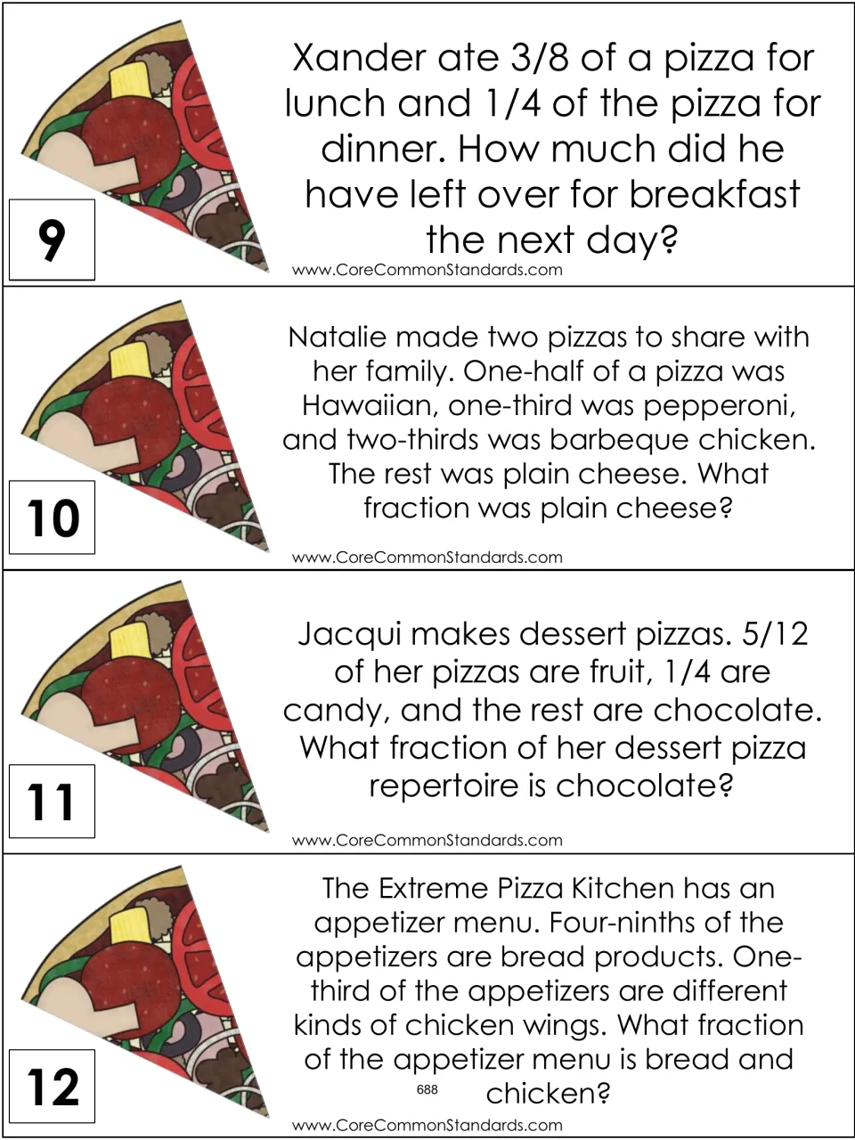 Fraction word-problem cards 9–12 of 12 cover leftover pizza, pizza toppings, dessert pizzas, and appetizers