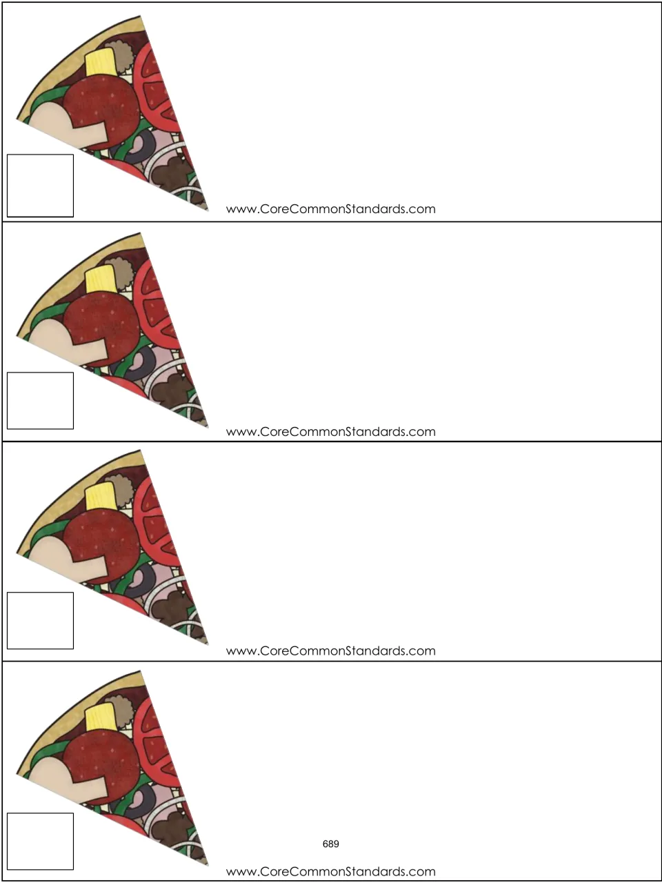 Four blank word-problem cards extend the Pizza Pizza fraction activity, each showing a pizza-slice picture
