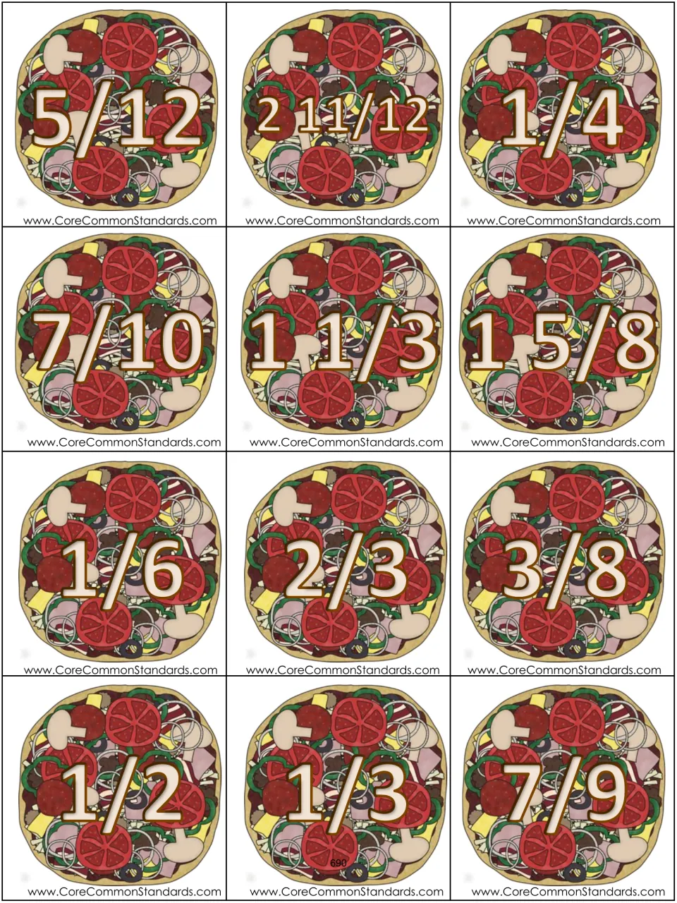 Twelve pizza answer cards for matching fraction word problems include 5/12, 2 11/12, 1/4, and nine more
