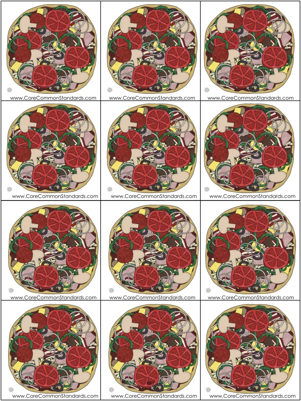 Twelve blank pizza answer cards accompany the fraction matching activity, with no fractions printed on them