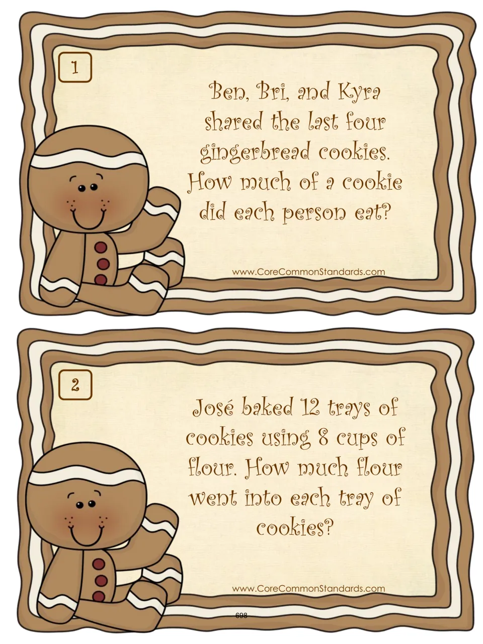 Word-problem cards 1–2: share four cookies among three people and divide eight cups of flour among 12 trays