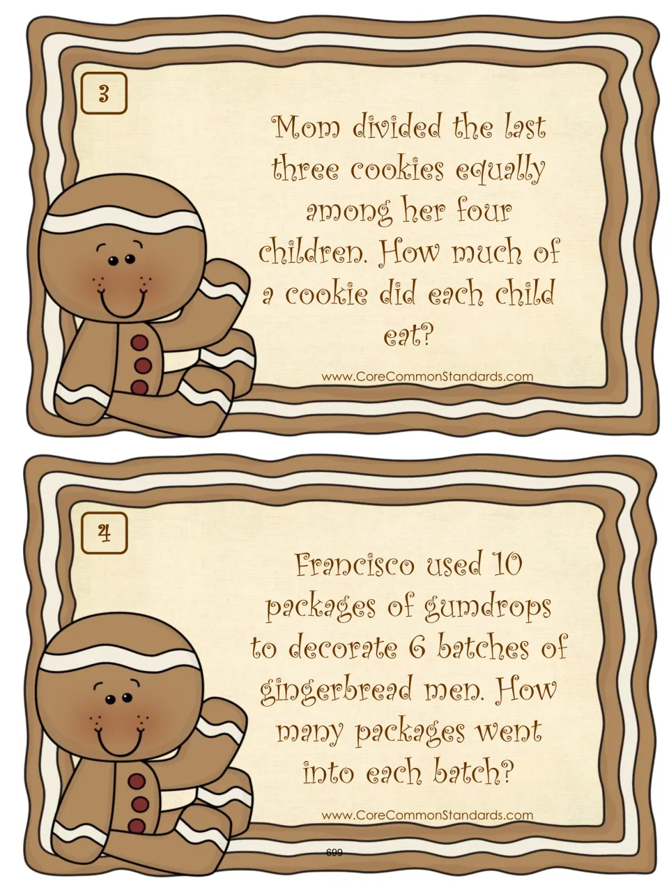 Word-problem cards 3–4: share three cookies among four children and use 10 gumdrop packages for six batches