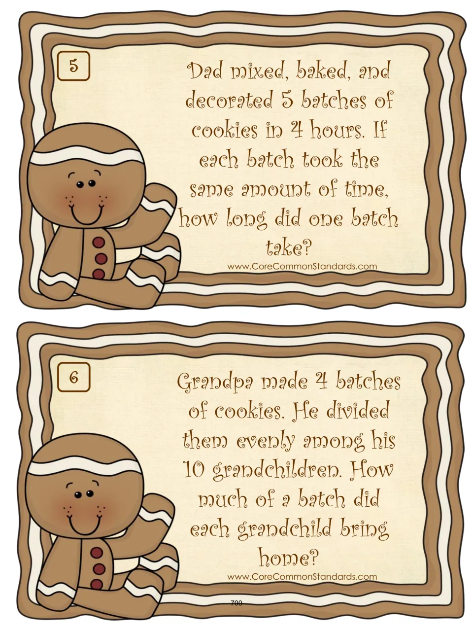 Word-problem cards 5–6: find time per batch for five batches in four hours and share four batches among 10 children