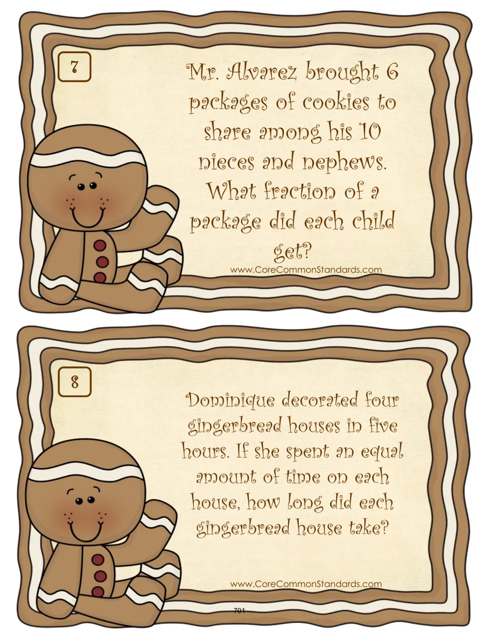 Word-problem cards 7–8: share six cookie packages among 10 children and decorate four houses in five hours