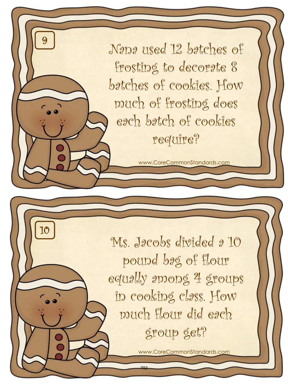 Word-problem cards 9–10: use 12 frosting batches for eight cookie batches and share 10 pounds of flour among four groups