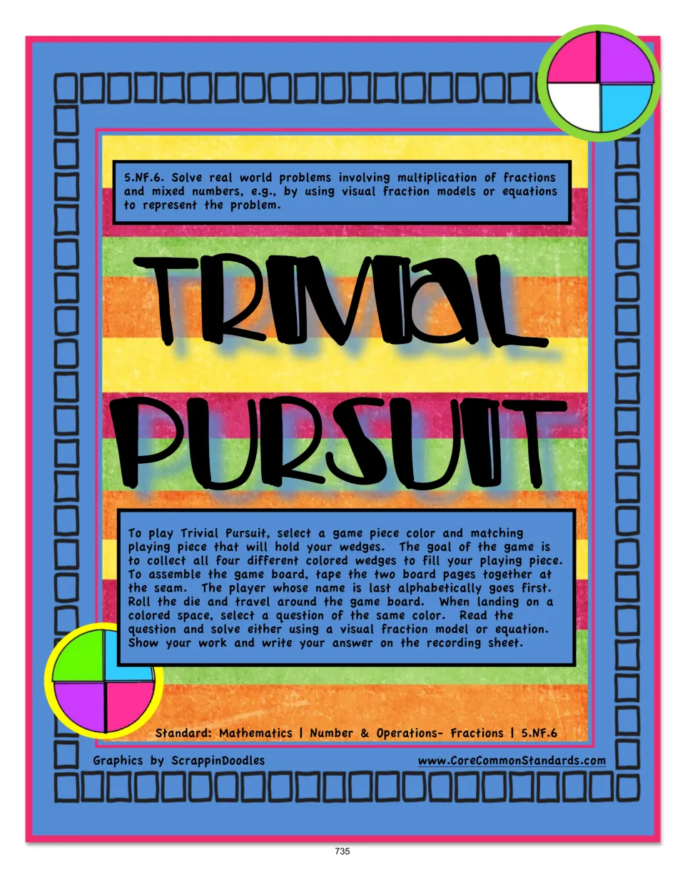 Trivial Pursuit directions: roll a die, select matching-color questions, solve problems, and collect four wedges