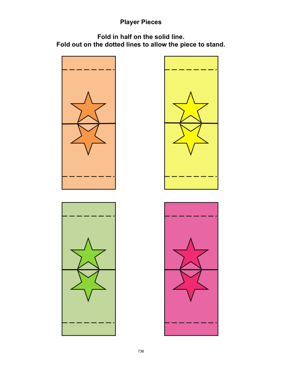 Four foldable player pieces in orange, yellow, green, and pink, with directions for making them stand
