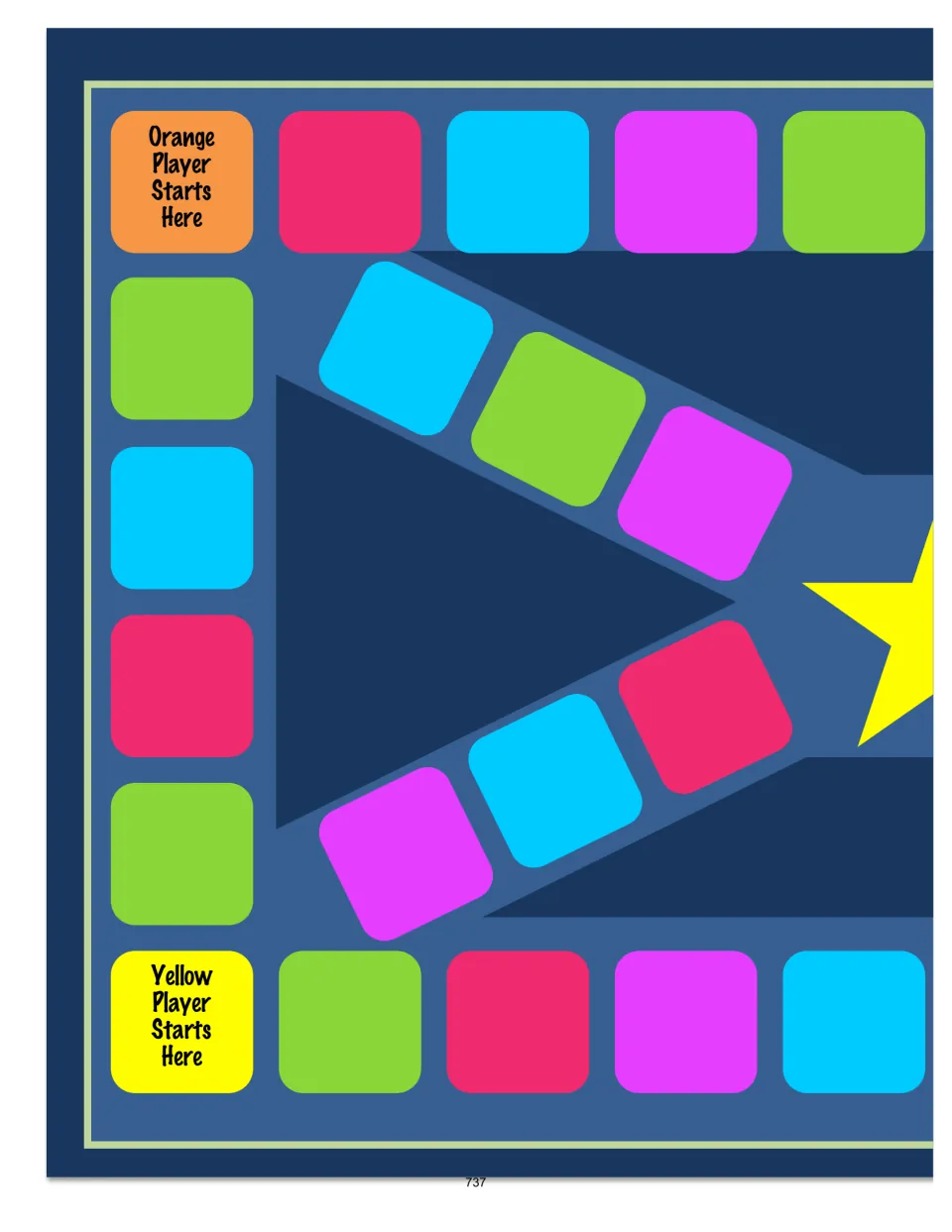 First half of the fraction multiplication game board, with orange and yellow player starts and colored spaces