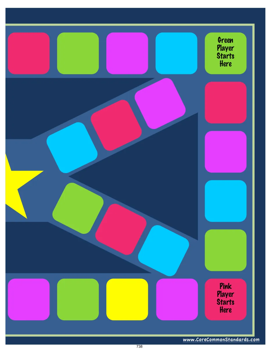 Second half of the fraction multiplication game board, with green and pink player starts and colored spaces