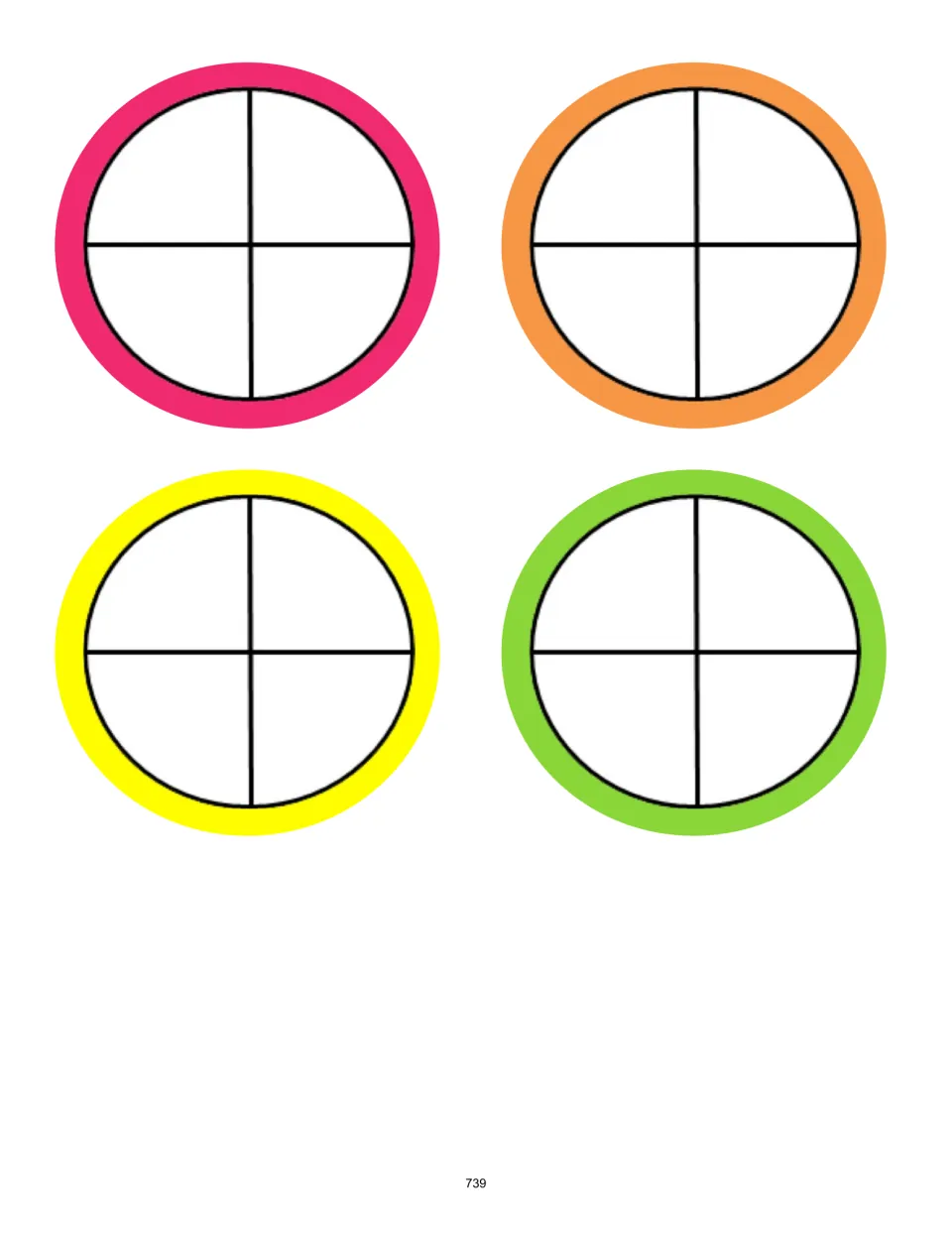 Four circular wedge holders for the game, each divided into quarters and marked pink, orange, yellow, or green