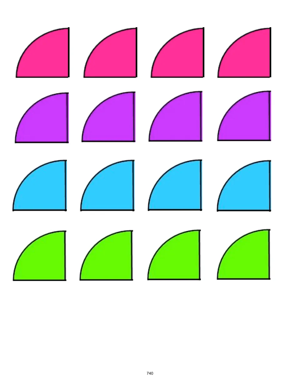 Sixteen quarter-circle game wedges to collect: four each in pink, purple, blue, and green for the holders