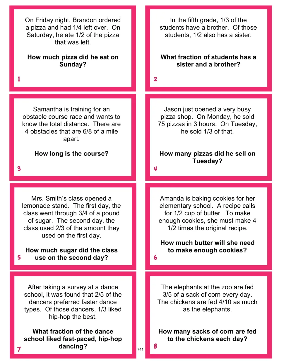 Pink problem cards 1–8: fraction multiplication stories about pizza, siblings, a race, baking, and more