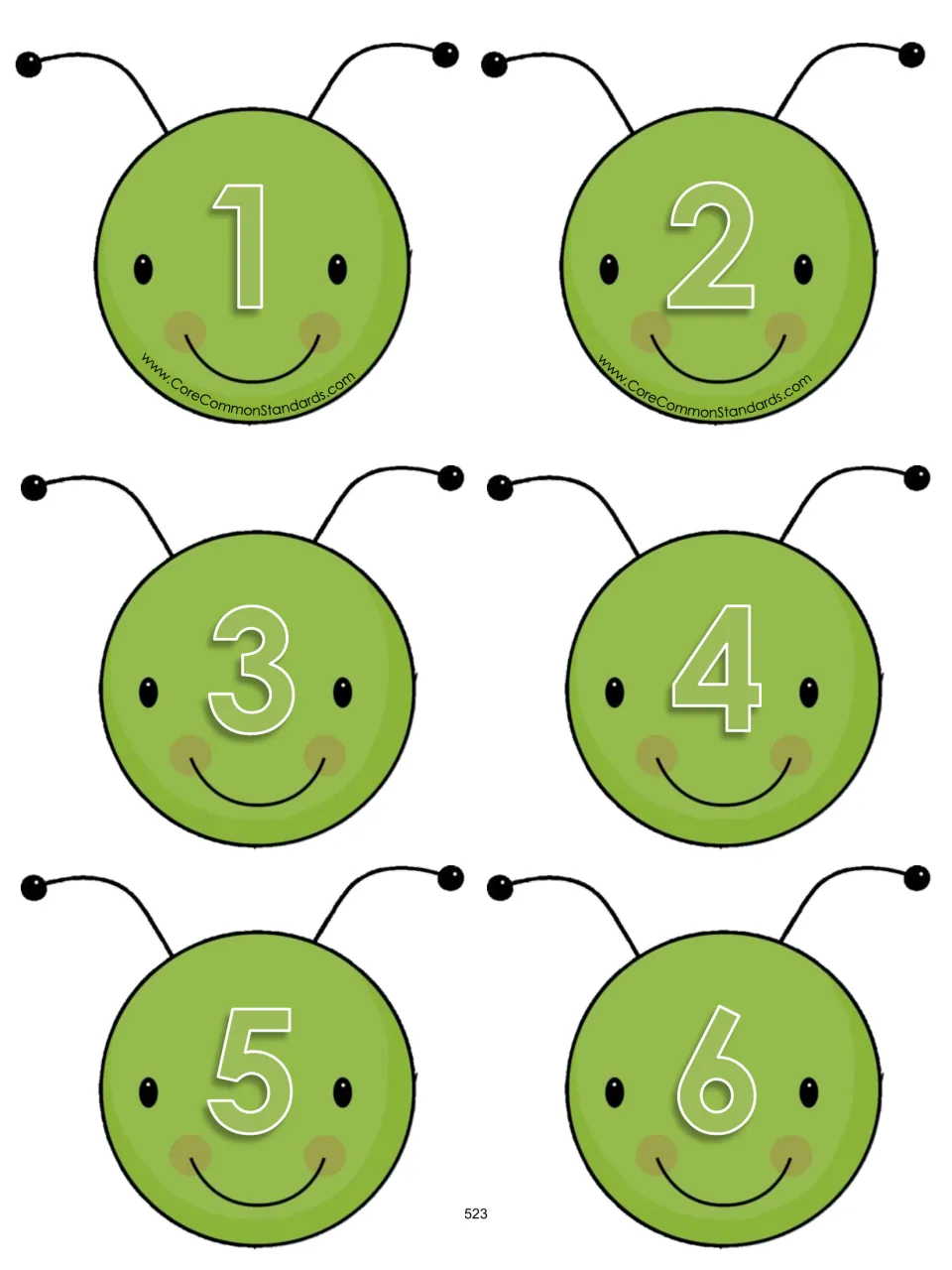 Caterpillar head cards numbered 1 through 6 provide target values for the expression-building activity