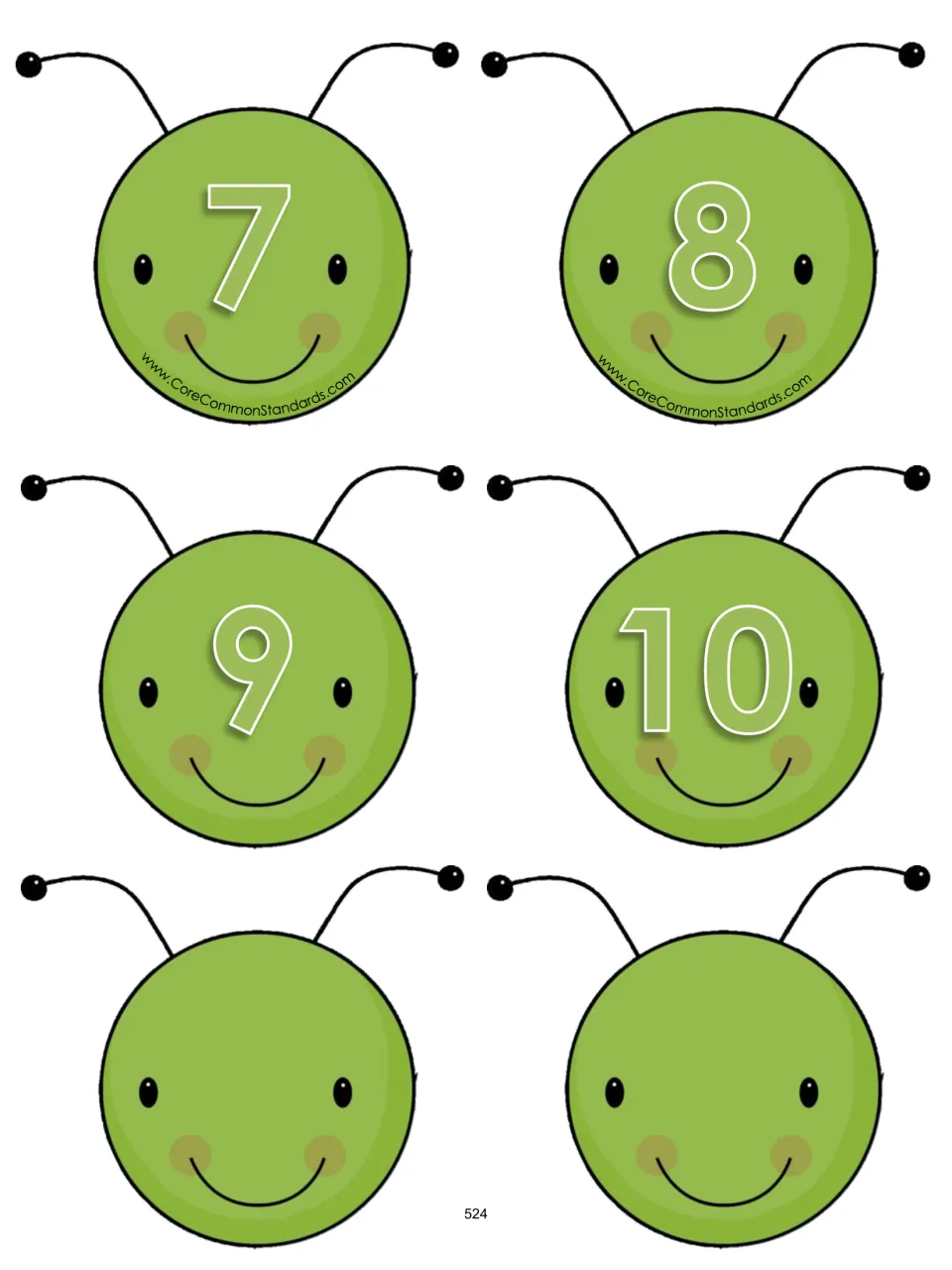 Caterpillar head cards numbered 7 through 10 and two blank heads complete the activity's head-card sheets