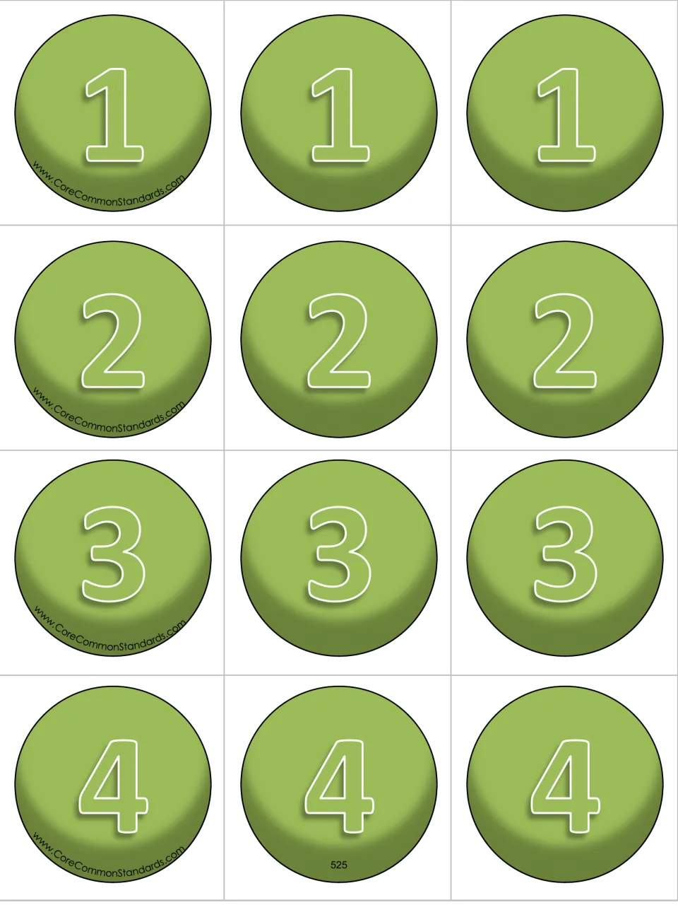Twelve caterpillar body number cards for building expressions: three copies each of 1, 2, 3, and 4