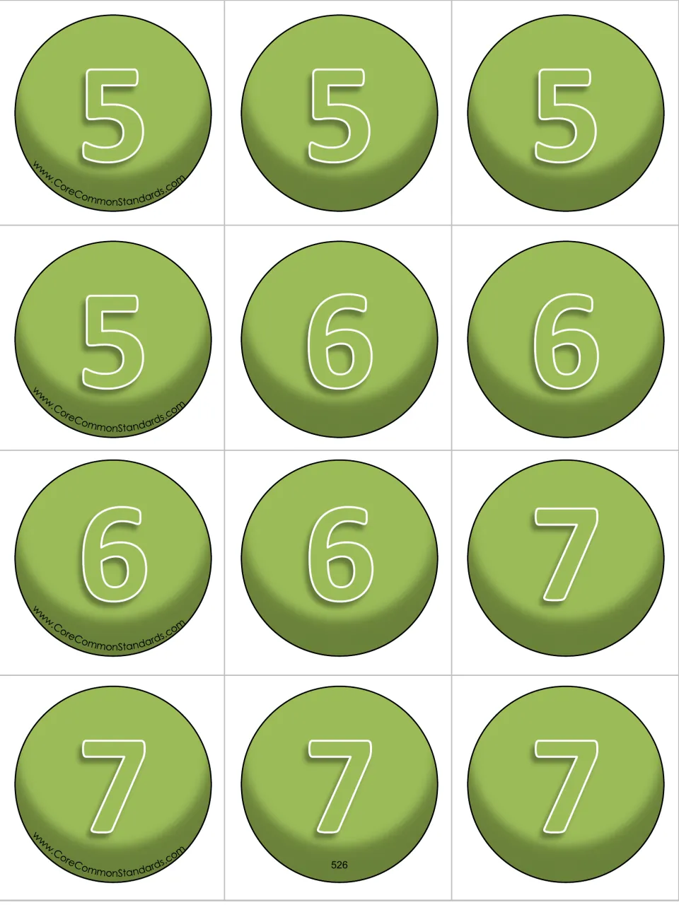 Twelve caterpillar body number cards for building expressions: four copies each of numbers 5, 6, and 7