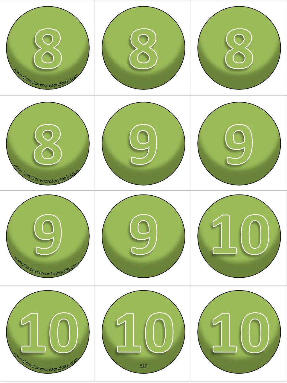 Twelve caterpillar body number cards for building expressions: four copies each of numbers 8, 9, and 10