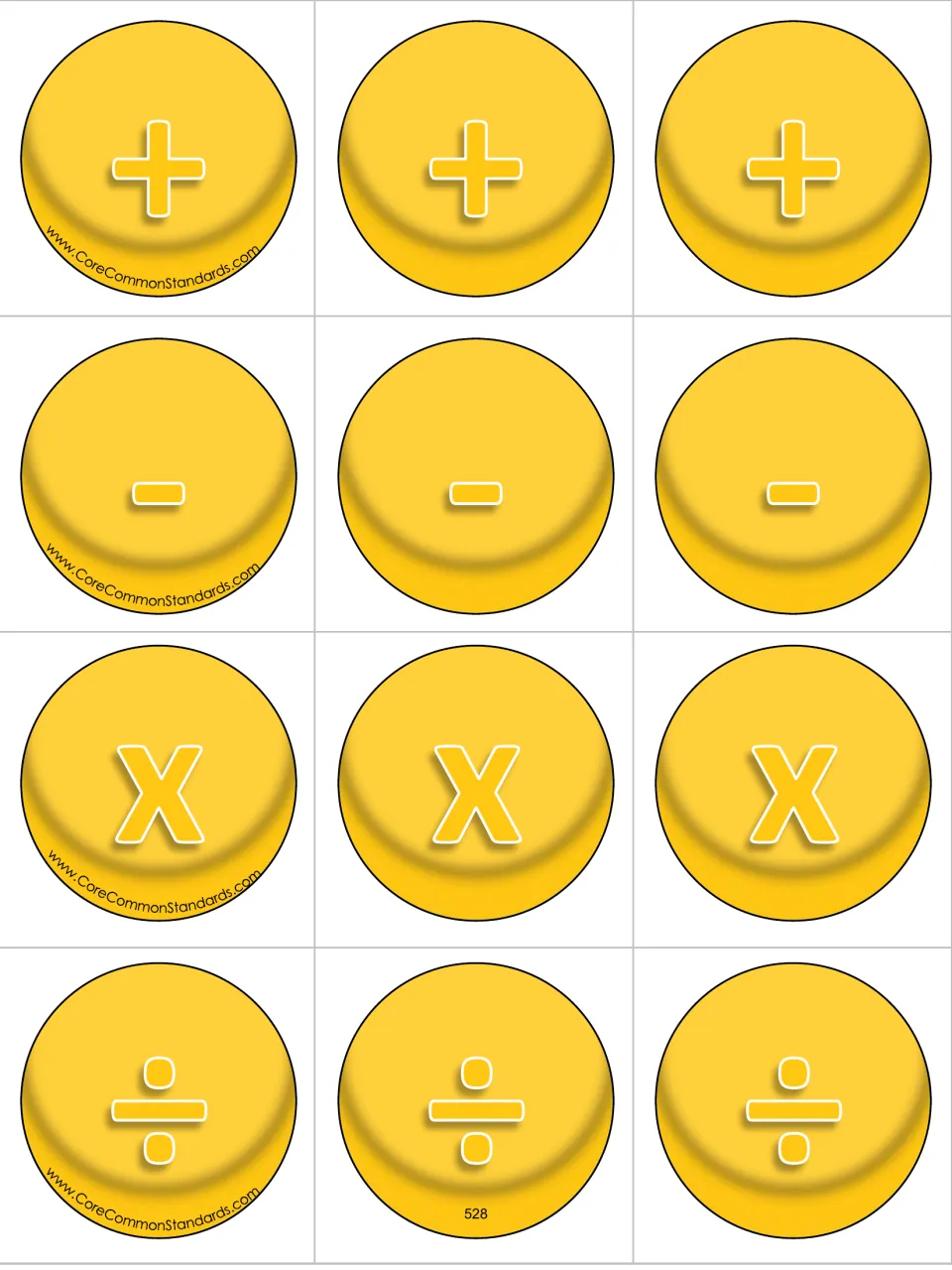 Twelve operation cards for caterpillar expressions: three each of plus, minus, multiplication, and division