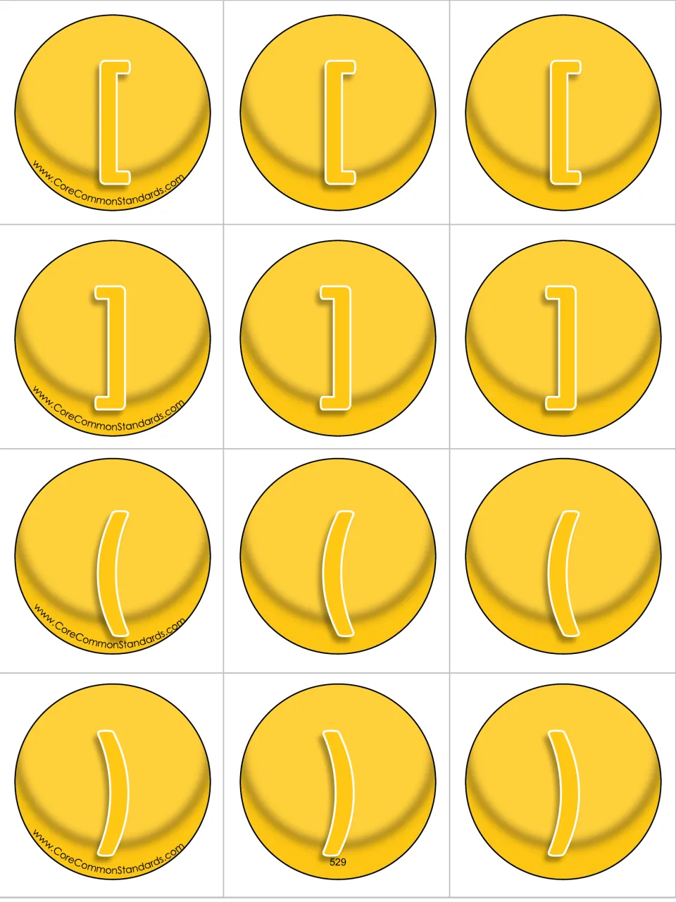 Twelve grouping-symbol cards for caterpillar expressions: three pairs of brackets and three pairs of parentheses
