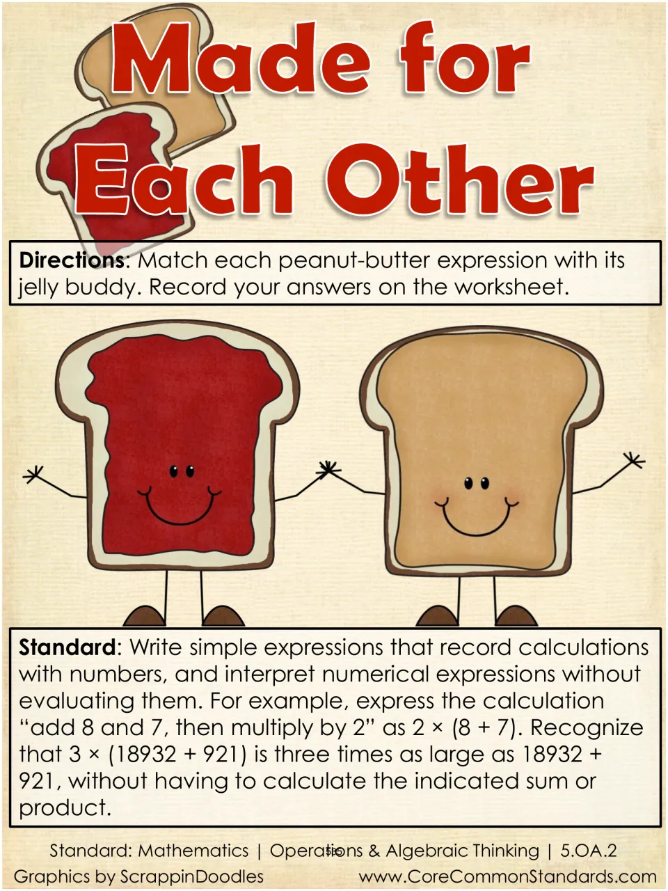 Matching directions: pair each peanut-butter expression with its jelly buddy and record worksheet answers