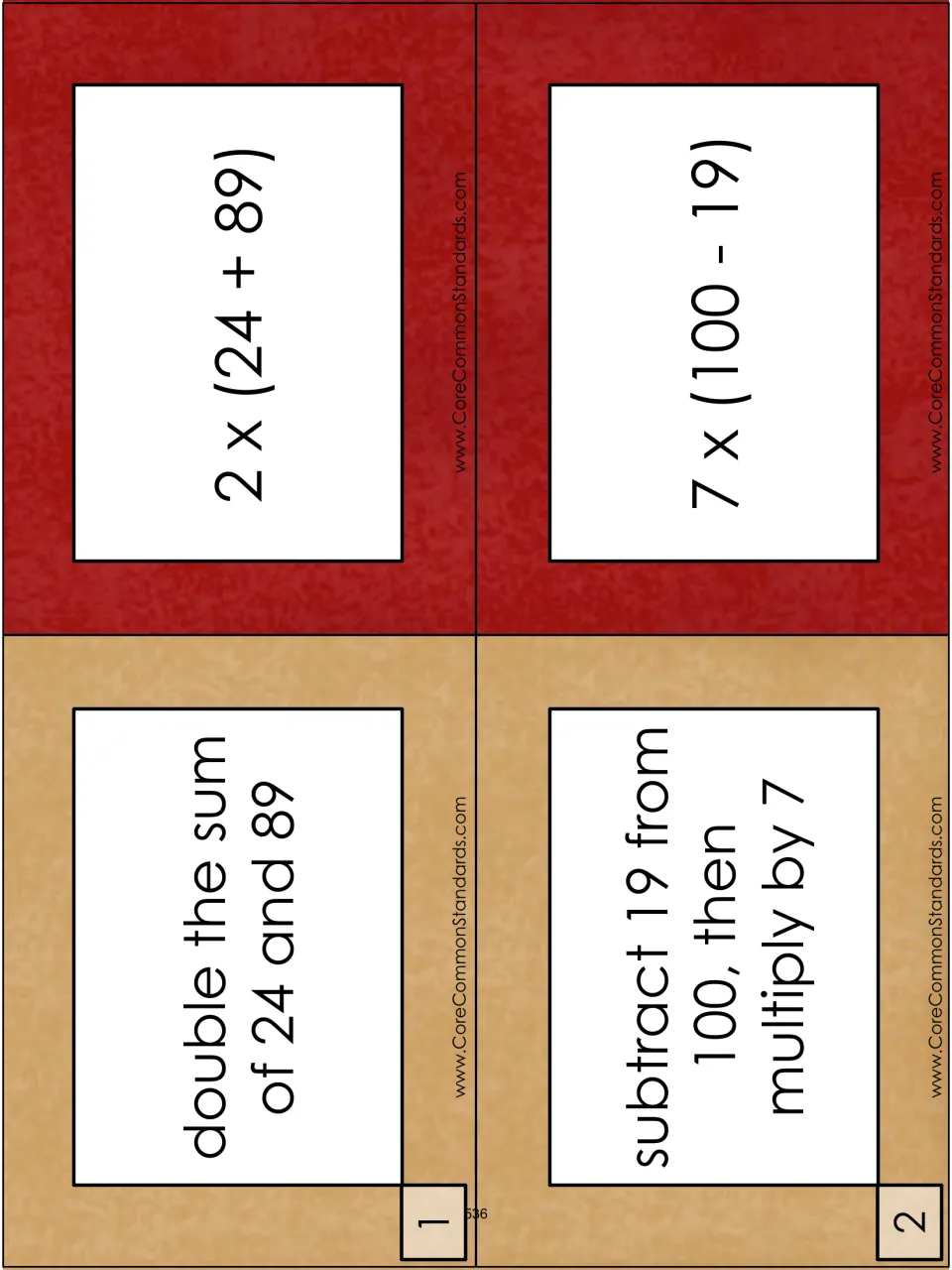 Matching cards for items 1–2: double the sum of 24 and 89; subtract 19 from 100, then multiply by 7