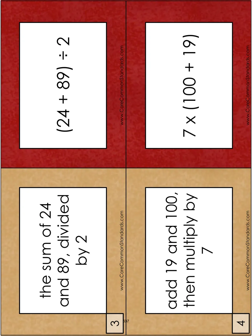 Matching cards for items 3–4: the sum of 24 and 89 divided by 2; add 19 and 100, then multiply by 7