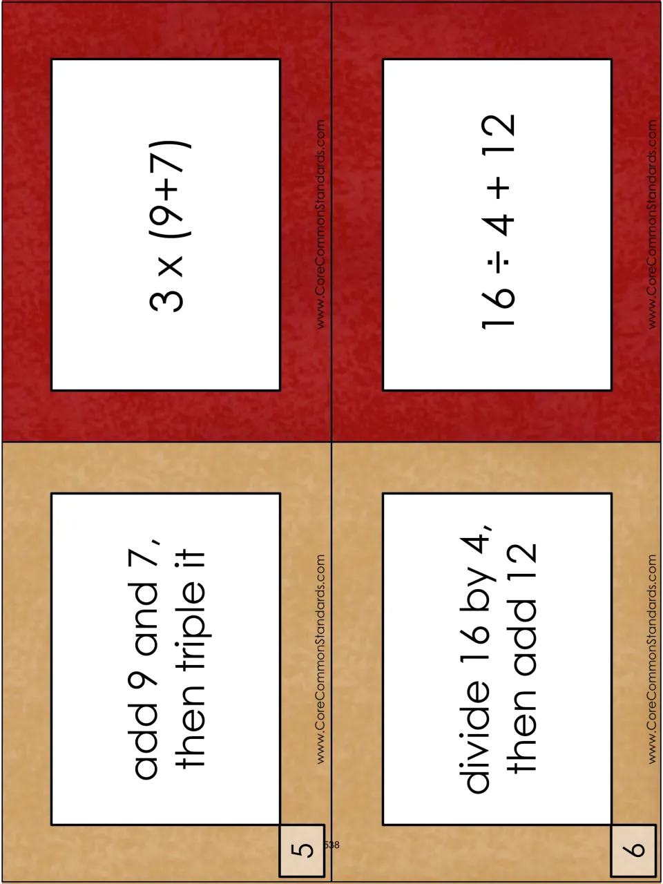 Matching cards for items 5–6: add 9 and 7, then triple it; divide 16 by 4, then add 12, with expressions