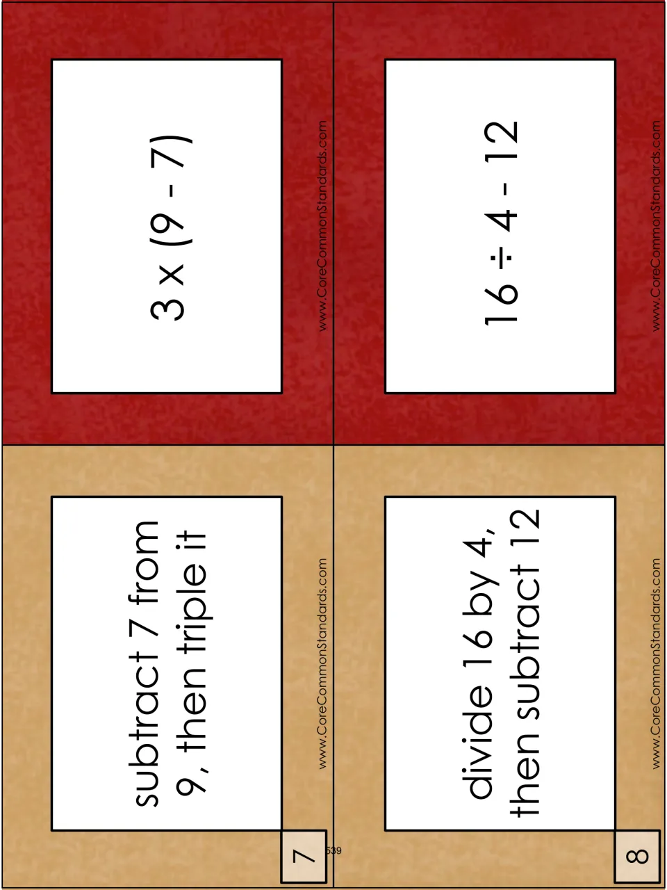 Matching cards for items 7–8: subtract 7 from 9, then triple it; divide 16 by 4, then subtract 12