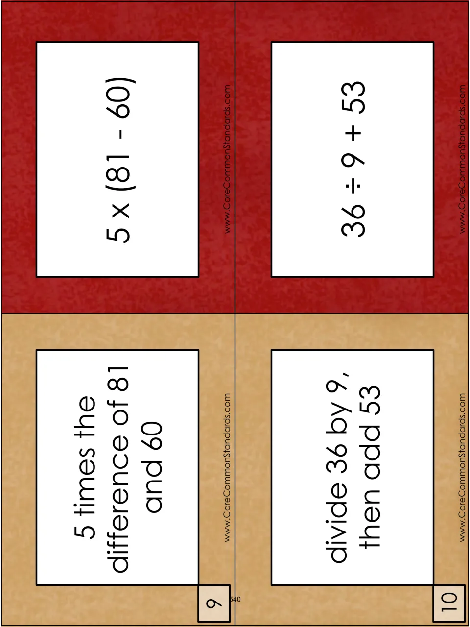 Matching cards for items 9–10: 5 times the difference of 81 and 60; divide 36 by 9, then add 53