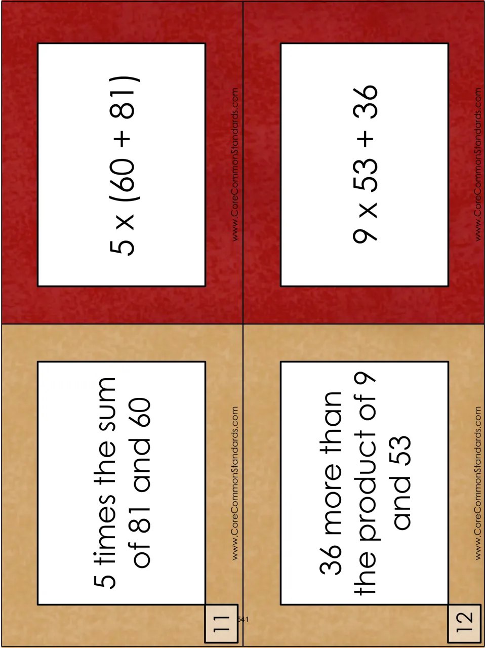 Matching cards for items 11–12: 5 times the sum of 81 and 60; 36 more than the product of 9 and 53