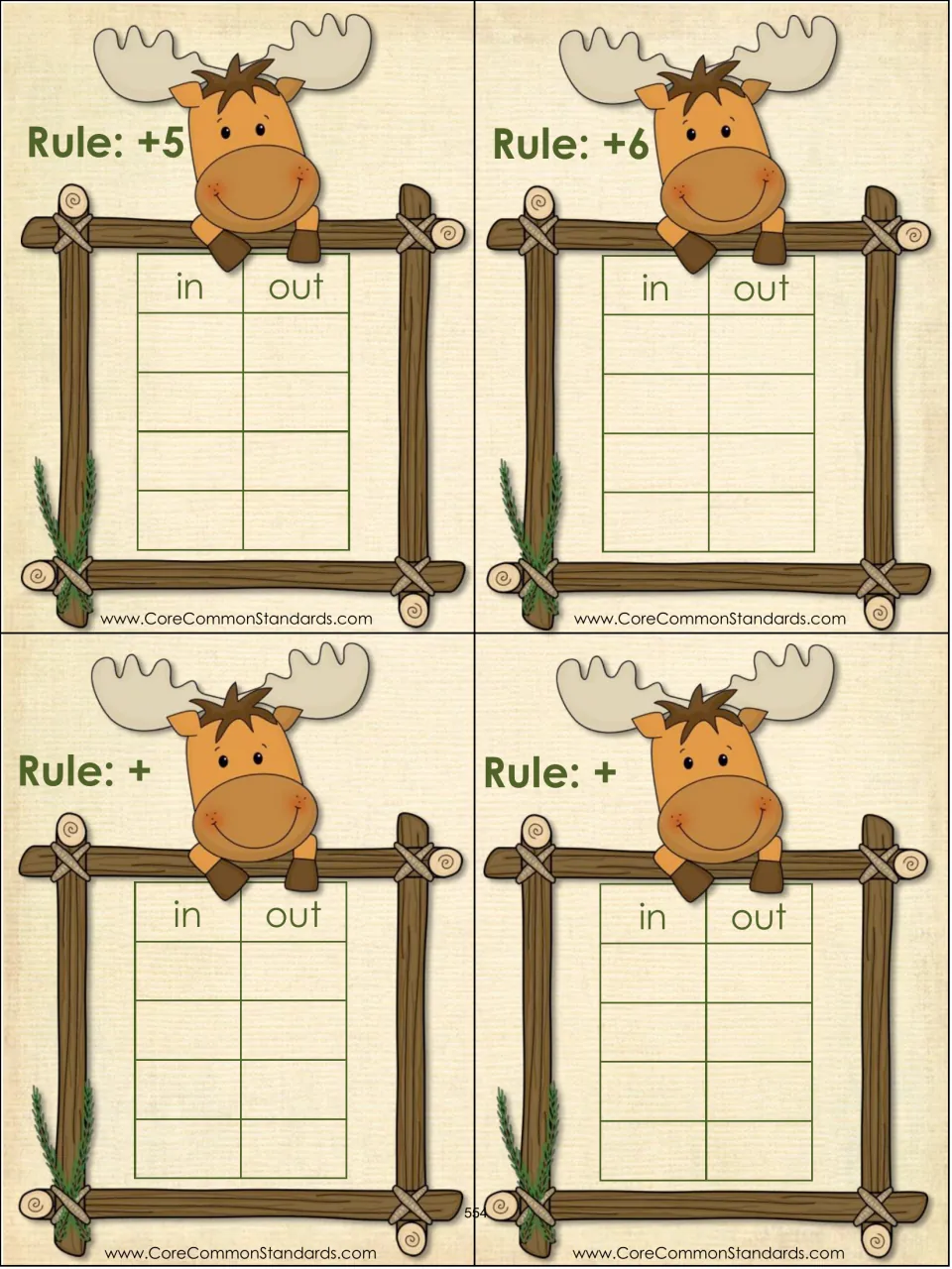 Function-table cards 5–8 of 13 feature rules +5 and +6 plus two addition cards with the rule numbers left blank