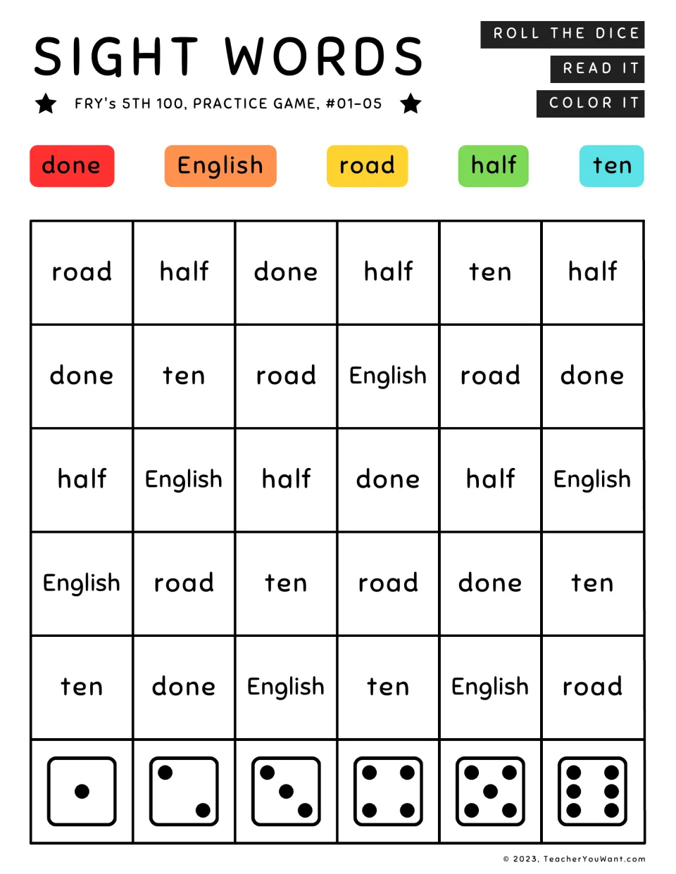 Sight word roll-and-color game 1: done, English, road, half, and ten, from Fry's fifth 100.