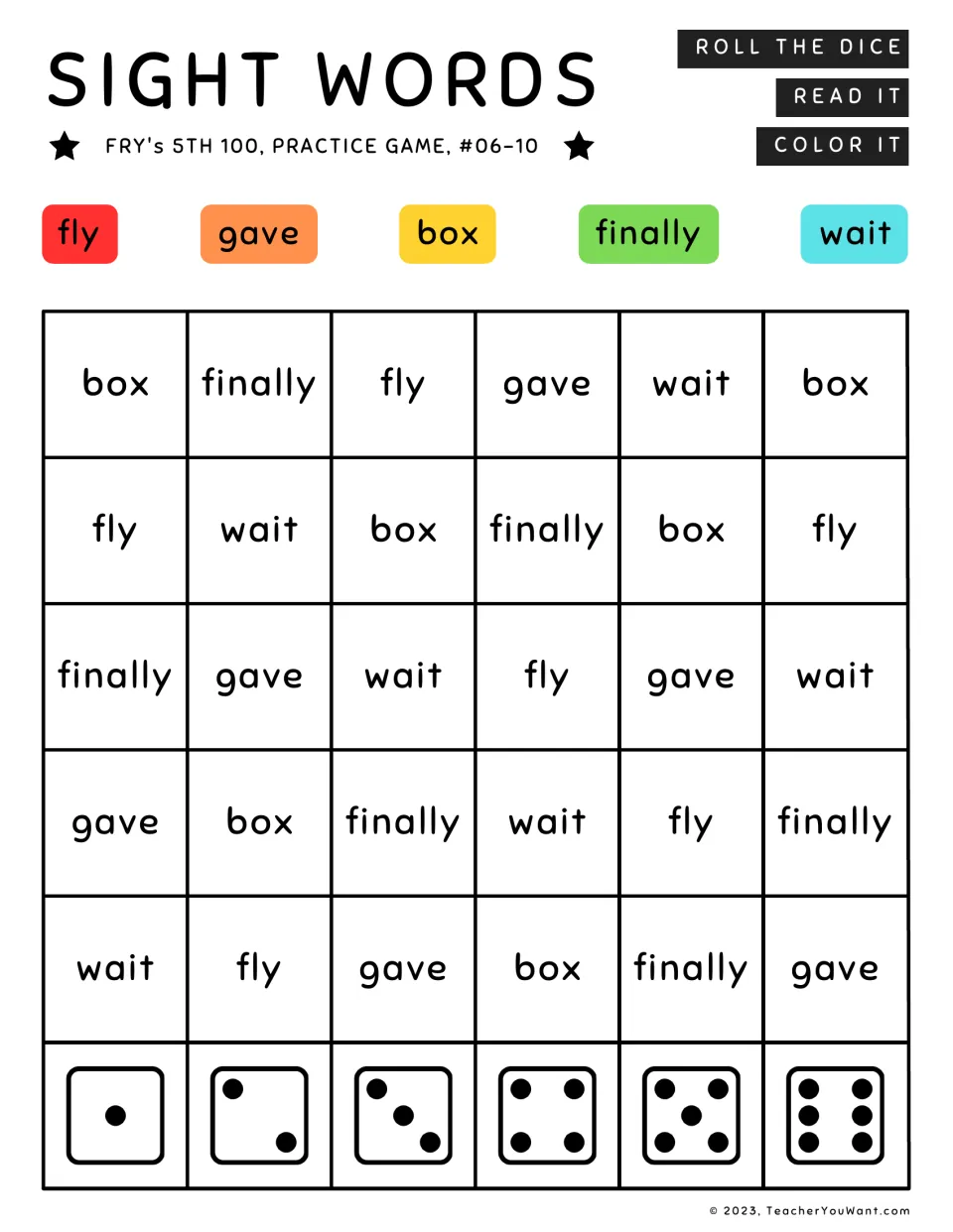 Sight word roll-and-color game 2: fly, gave, box, finally, and wait, from Fry's fifth 100.