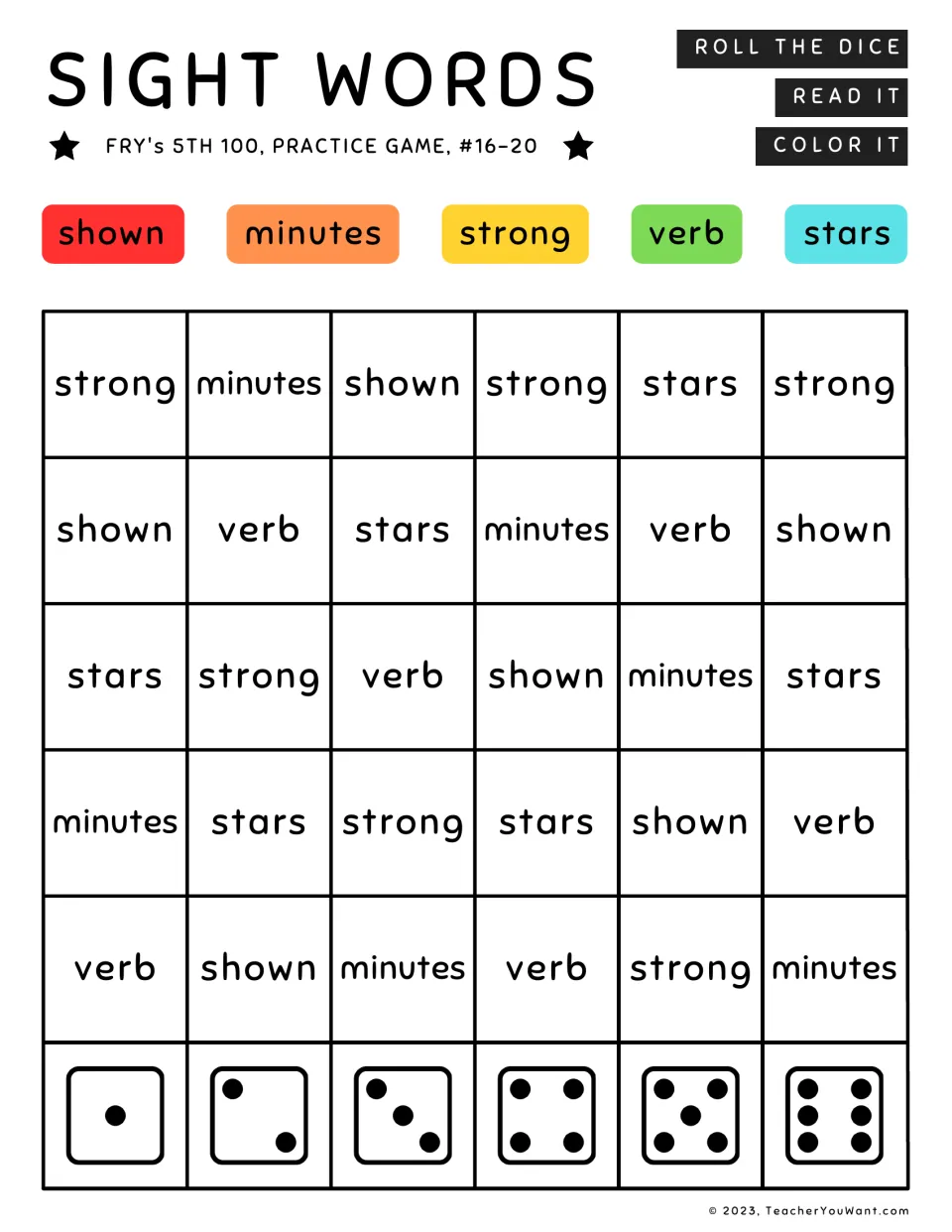 Sight word roll-and-color game 4: shown, minutes, strong, verb, and stars, from Fry's fifth 100.