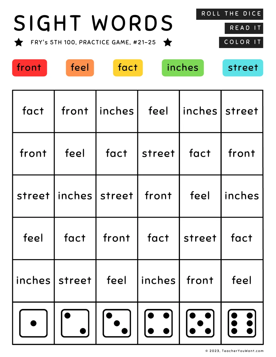 Sight word roll-and-color game 5: front, feel, fact, inches, and street, from Fry's fifth 100.