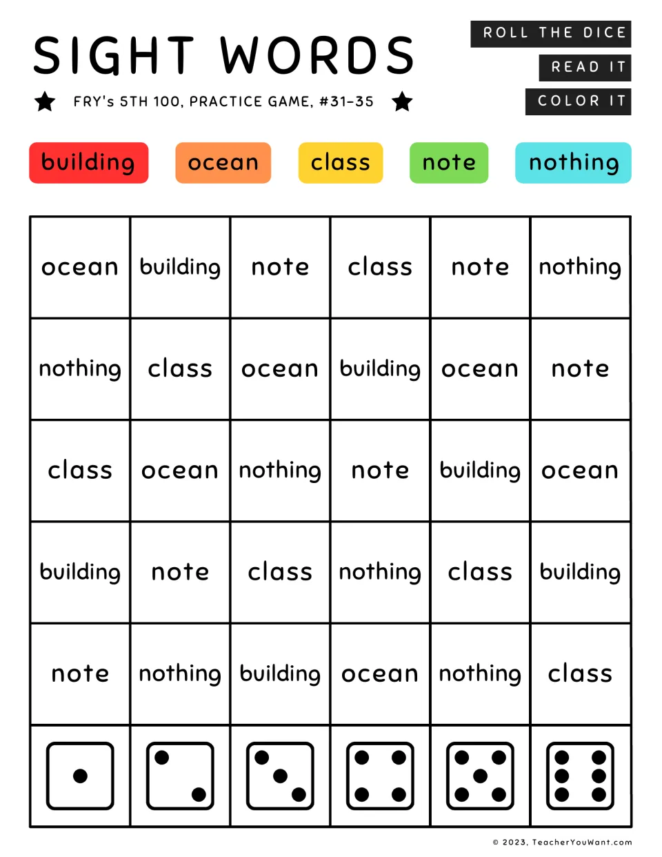 Sight word roll-and-color game 7: building, ocean, class, note, and nothing, from Fry's fifth 100.