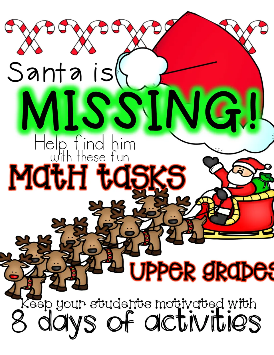 Christmas math mystery cover announcing that Santa is missing, with eight days of activities for upper grades